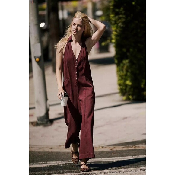 Free People Free-Est Harper Jumpsuit Halter Cotton One-Piece Wide Leg M 278690 - Picture 1 of 7